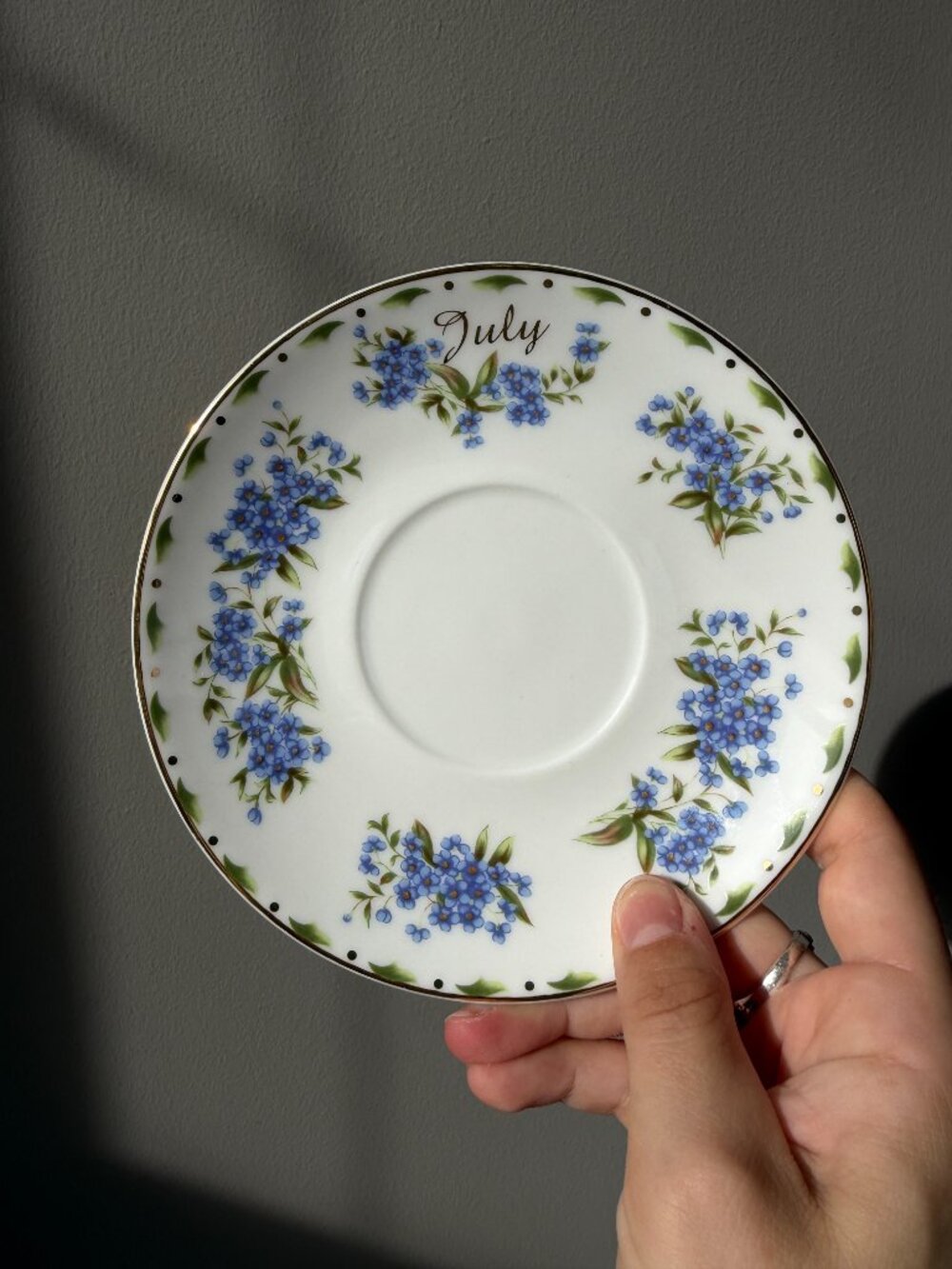 3/$30 🌟 Vintage July Floral Teacup & Saucer Set – Gold Trim Blue Forget-Me-Nots - Picture 10 of 12